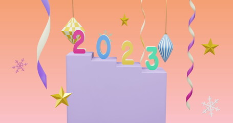 Displaying purple pedestal showing numeral models 2023 on showcase, with baubles and snowflakes