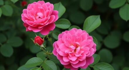 Obraz premium Vibrant pink roses in full bloom, showcasing natural beauty and delicate petals. Perfect for nature, romance, and garden themes.
