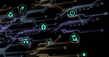 Displaying neon circuit network pulsing on screen, with circular green icons, dots and arrowheads