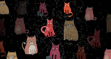 Showing stylized cartoon cats forming repeat motif in cosmic design, with star-dot constellations