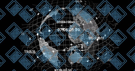 Displaying wireframe globe on black backdrop, with blue calculator icons and white data codes
