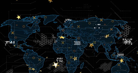 Digital world map displaying connections in cyber interface, with gold star icons and hex clusters