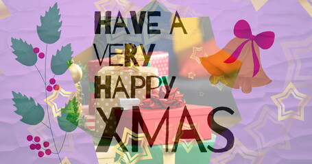 Featuring stack of colorful gift boxes in holiday card design, with holly leaves, golden bells