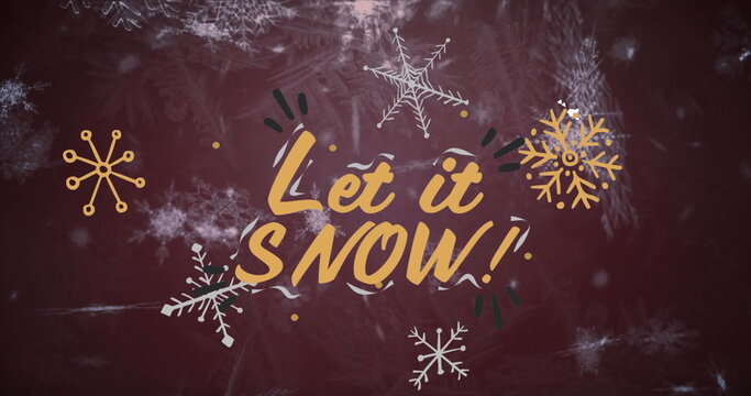Showcasing brush-style Let it SNOW! lettering on burgundy chalkboard, with white gold snowflakes