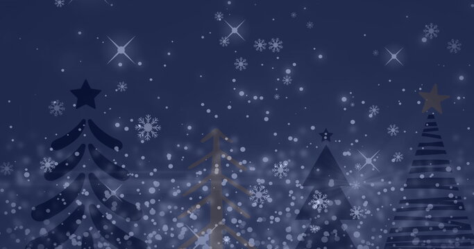 Naklejki Displaying three Xmas tree silhouettes against blue gradient with snowflakes, stars and bokeh orbs