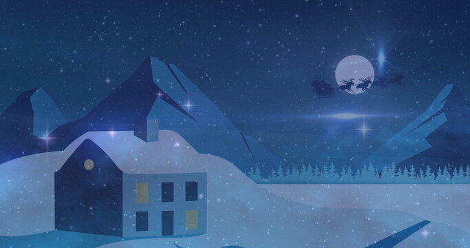 Naklejki Featuring small cabin glowing windows at snowy foothills, with Santa sleigh silhouette, copy space