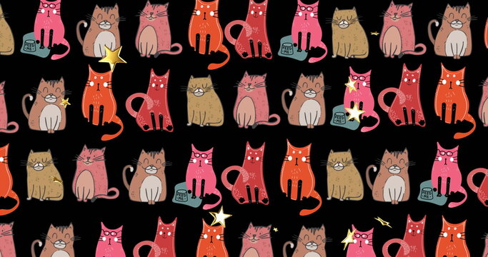 Fototapeta Displaying repeating cat pattern covering solid black canvas, with feed me mugs and yellow stars
