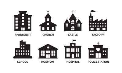 Obraz premium Eight Black Silhouettes of Buildings Apartment Church Castle Factory School Hospital Police Station vector