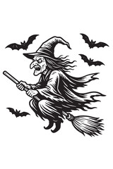 Haloween Witch drawing black and white