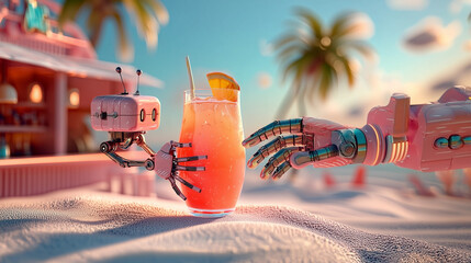 Robot Hand Holding Orange Cocktail  in a tropical beach bar, with pink and orange hues.