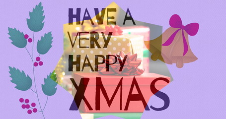 Featuring stacked gift boxes beneath XMAS greeting in XMAS card with holly leaves, golden bells