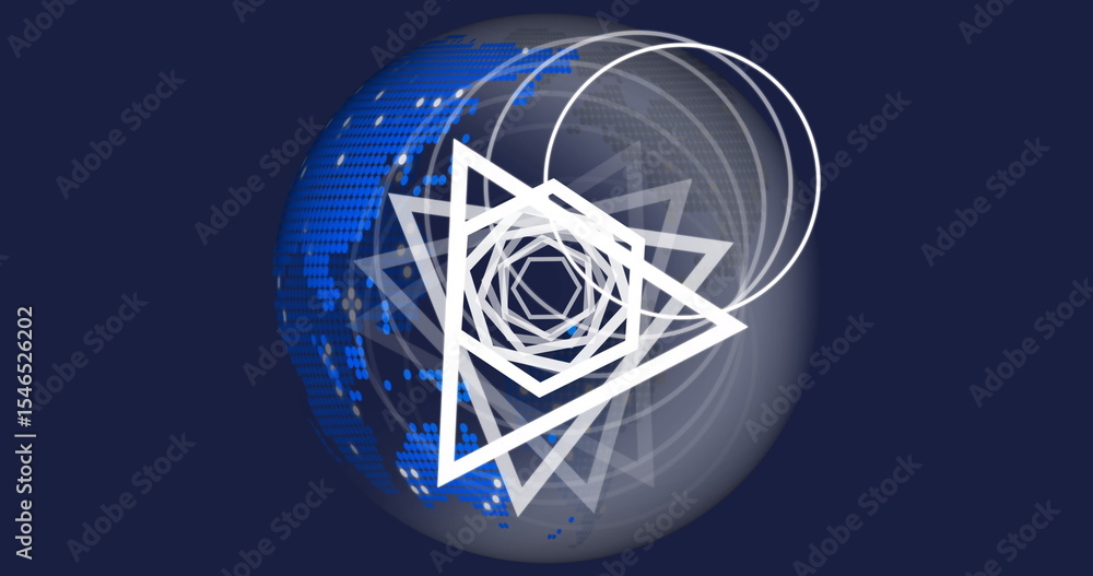 Poster rotating globe spinning in cyberspace with halftone continents, white triangle and circle outlines