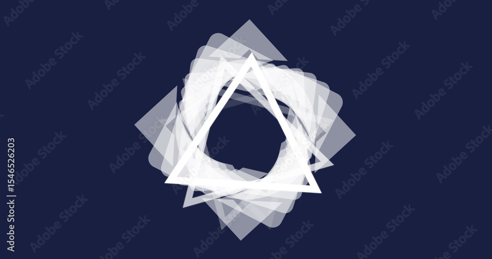 Poster forming ring of layered translucent triangles and tilted squares on deep blue digital canvas