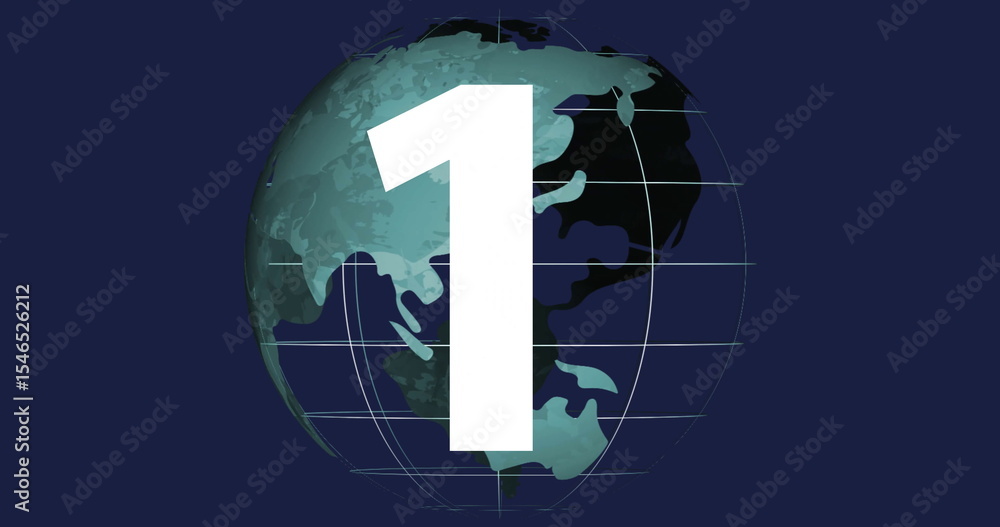 Poster displaying white numeral 1 overlaying stylized globe in digital graphic, featuring grid lines