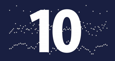 Displaying large white numeral 10 pulsing on dark blue graphic layout, with scattered gray pixels