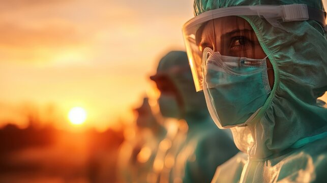 Healthcare workers dressed in protective gear stand united against a stunning sunset backdrop, symbolizing strength, dedication, and resilience in challenging times for humanity.