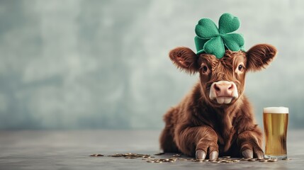 A charming cow adorned with a green shamrock sits beside a pint of beer, perfectly capturing the festive spirit of St. Patrick's Day with playful and lighthearted imagery.