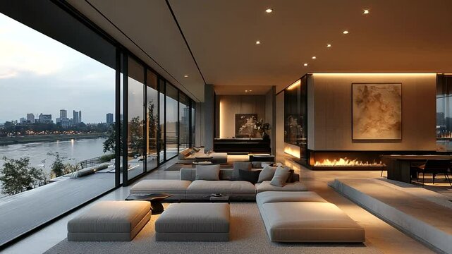 Modern luxury living room with river view