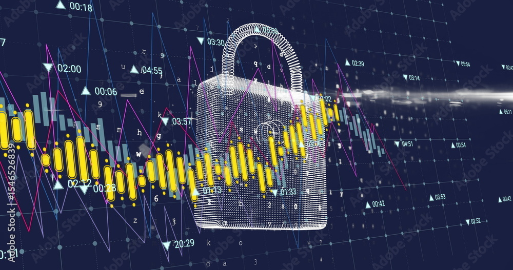 Poster floating wireframe padlock over grid showing candlestick bars, line graph, triangles, timestamps
