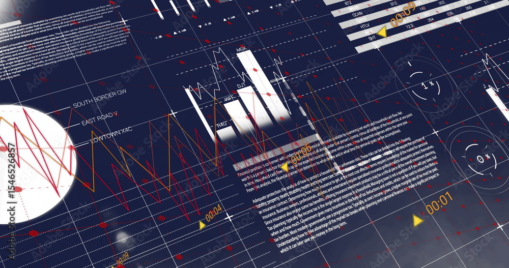 Poster displaying digital data interface on navy dashboard, showcasing line graph bars and radar charts