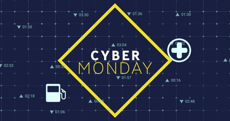 Showing yellow rhombus highlighting CYBER MONDAY on navy banner with pump cross arrow time icons