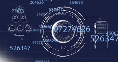 Obraz premium Showing central HUD featuring globe and numbers on digital interface, with user and document icons