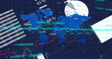 Displaying global financial data graphic on dark grid, with world map silhouette and trend line