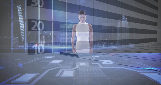 Presenting woman in sleeveless dress using holographic bar chart in studio against city skyline