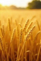 Fototapeta premium Golden wheat stalks freshly harvested, ready to be used in baking delicious bread Sun-drenched field, rustic scene Abundant harvest, golden hour , farmland, agriculture