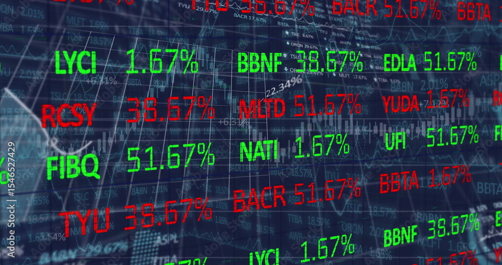 Poster displaying digital terminal showing stock tickers flashing green-red percentages with line graphs