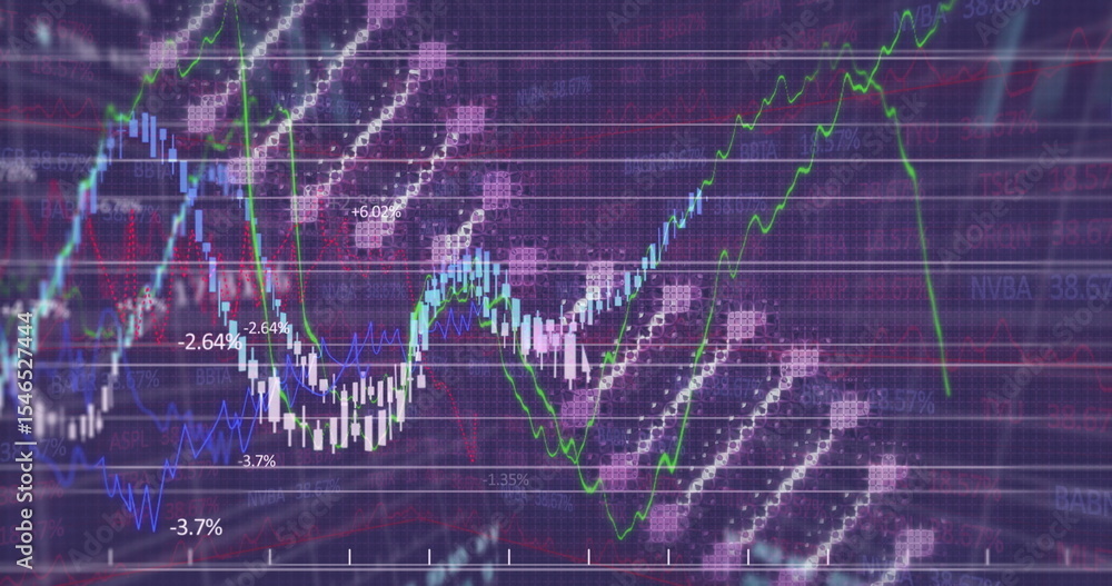 Poster displaying line graphs, candlesticks and hexagon overlays with percentage labels on trading screen