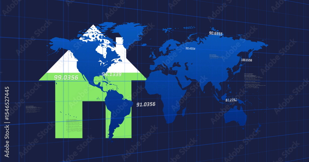 Poster presenting green house arrow pointing up on blue grid with world map, numeric labels, copy space