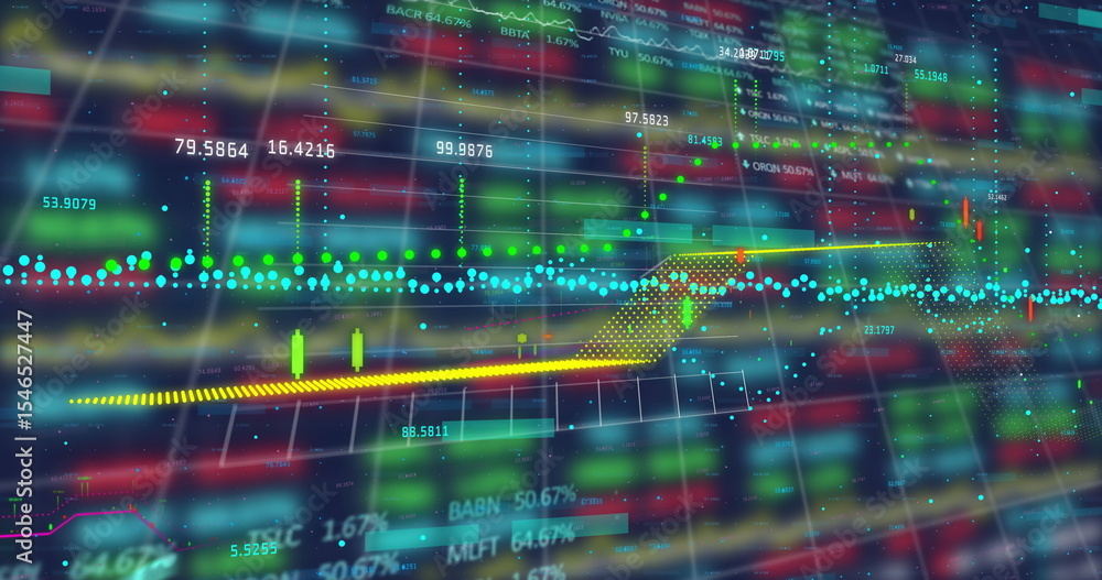 Poster displaying financial chart on screen with candlestick bars, dotted line, arrow and numeric tickers