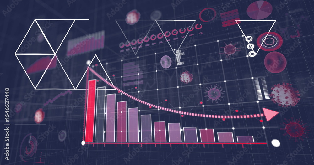 Poster displaying descending bars showing data drop on grid background, with curved arrow and virus icons