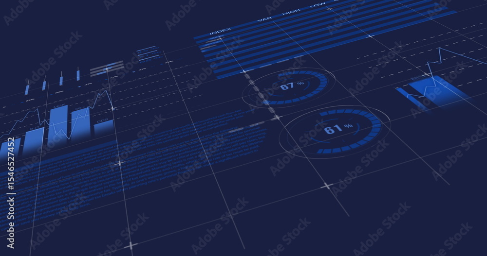 Poster displaying dashboard visualizing data in virtual space, with charts, tables, circular meters, grid