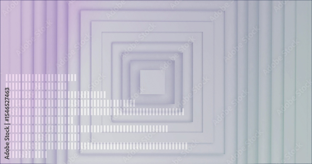 Poster displaying nested extruded square frames receding toward center in gradient space, with white bars