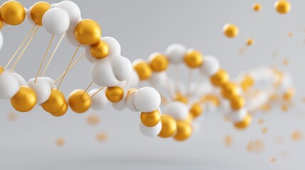 Abstract DNA strand model with gold and white spheres. Elegant and modern science concept.