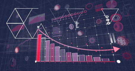 Displaying descending bars showing data drop on grid background, with curved arrow and virus icons