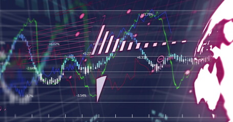 Displaying financial dashboard showing neon trends, candlestick and pink graphs, globe silhouette