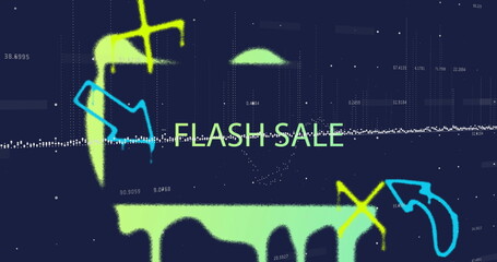 Glowing lime green FLASH SALE text on dark digital canvas, featuring drips, blue arrows and data