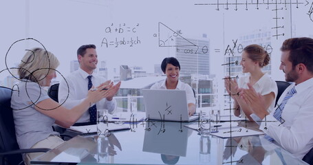 Smiling businesswoman leading meeting around glass table in skyline office, with board formulas