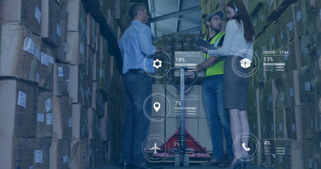 Workers wearing safety vest collaborating by red pallet jack in warehouse aisle, with digital icons