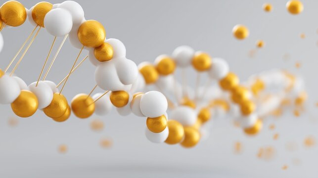 Abstract DNA strand model with gold and white spheres. Elegant and modern science concept.