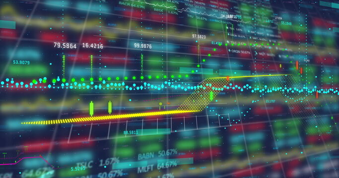 Displaying financial chart on screen with candlestick bars, dotted line, arrow and numeric tickers - Powered by Adobe
