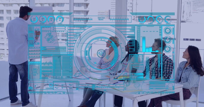 Pointing presenter sharing diagram on flip chart in meeting room, with hologram charts, copy space