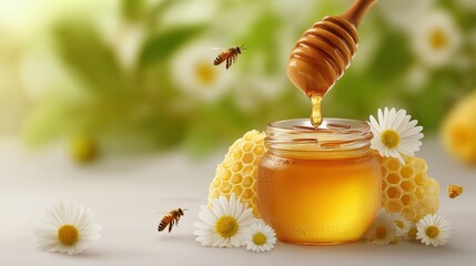 Golden honey pours into a jar, surrounded by honeycomb and daisies. Bees buzz nearby.