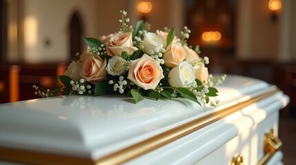 Obraz premium Funeral Casket with Floral Arrangement, Mourning, Respect, White Coffin, Church Interior, Remembrance, Condolences, Memorial Service