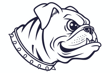 Monochrome drawing reveals a stoic bulldog wearing studded collar looking right with determination