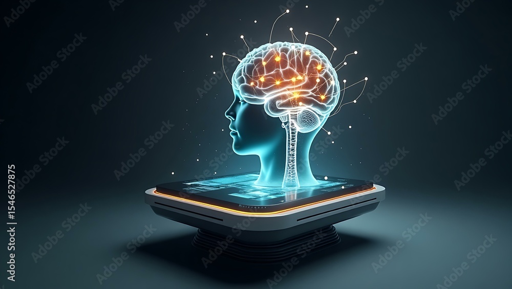 Poster a futuristic representation of a human brain displayed on a glowing platform, symbolizing advanced t