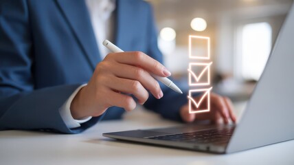 Hands completing a checklist on a laptop, enhancing workflow efficiency